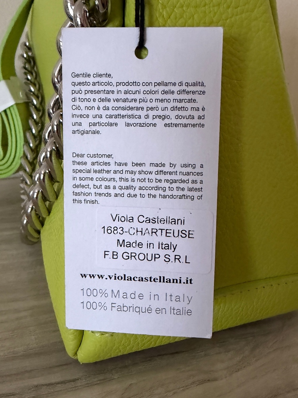 Viola Castellani Chartreuse Leather Bag with Silver Chain - Picture 6 of 15